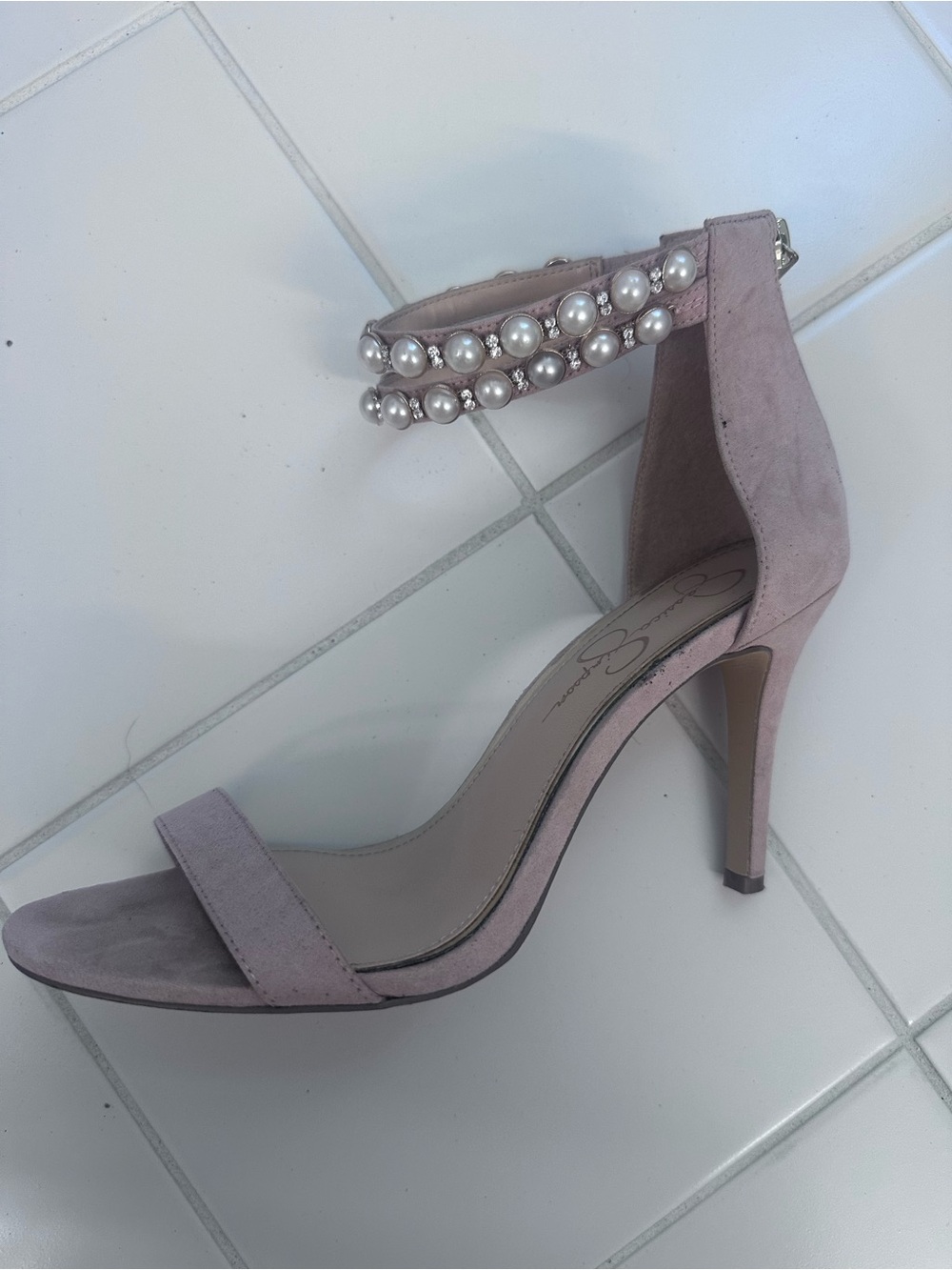 Jessica Simpson Pearl-Trim Ankle-Strap Heels in Light Pink